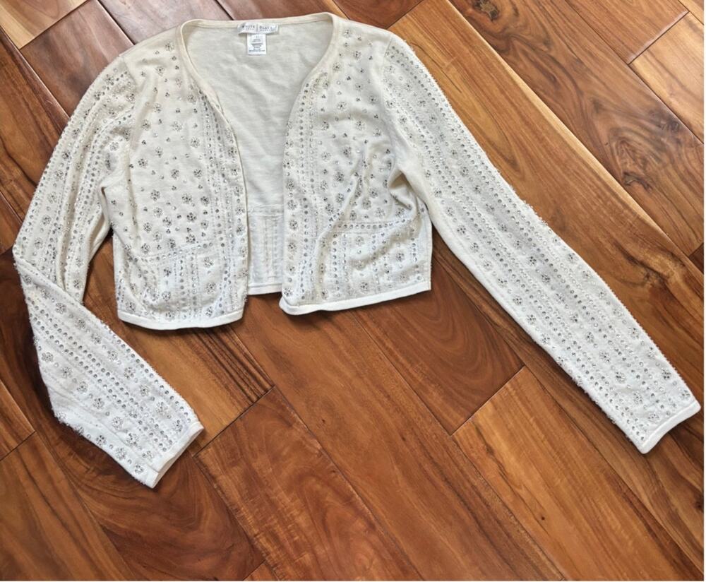 White House Black Market Ivory Cream Embellished Shrug Cardigan Large Rhinestone